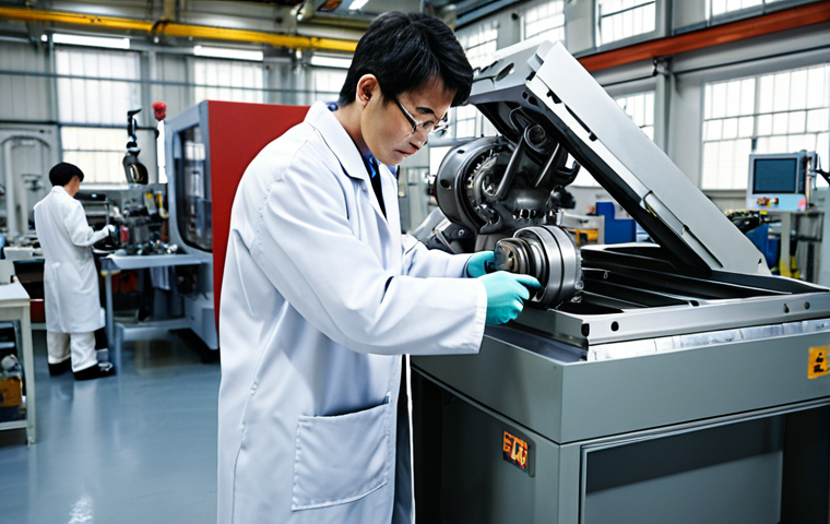**

A bustling factory floor filled with advanced metalworking machinery. Engineers in lab coats collaborate, examining a newly produced metal component. Focus on the energy and teamwork, showcasing the speed of production. Incorporate Japanese industrial aesthetics.

**