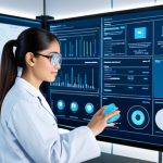 A professional female engineer, fully clothed in a modest lab coat and safety glasses, standing in a modern, brightly lit materials testing lab. She is looking at a large translucent display screen showing intricate data visualizations of material properties and blockchain ledgers for traceability. In the background, automated robotic arms are performing non-destructive testing (NDT) on metal samples, illuminated by soft blue light, with IoT sensors subtly visible. The scene emphasizes innovation and precision in quality control. Safe for work, appropriate content, fully clothed, professional dress, perfect anatomy, correct proportions, natural pose, well-formed hands, proper finger count, natural body proportions, professional photography, high quality.