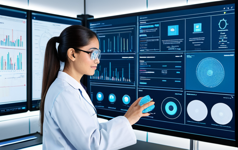 A professional female engineer, fully clothed in a modest lab coat and safety glasses, standing in a modern, brightly lit materials testing lab. She is looking at a large translucent display screen showing intricate data visualizations of material properties and blockchain ledgers for traceability. In the background, automated robotic arms are performing non-destructive testing (NDT) on metal samples, illuminated by soft blue light, with IoT sensors subtly visible. The scene emphasizes innovation and precision in quality control. Safe for work, appropriate content, fully clothed, professional dress, perfect anatomy, correct proportions, natural pose, well-formed hands, proper finger count, natural body proportions, professional photography, high quality.