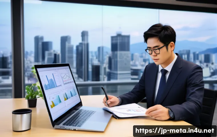 금속재료 연봉 협상 전략 - A modern Japanese office scene showing a professional metal materials engineer preparing a detailed ...