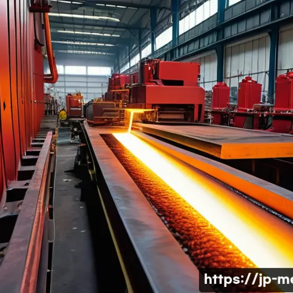 소성가공과 열간가공 차이 - A detailed industrial scene inside a modern metal processing factory focusing on hot working of thic...
