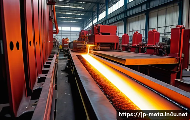 소성가공과 열간가공 차이 - A detailed industrial scene inside a modern metal processing factory focusing on hot working of thic...