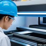 금속재료 분야 인턴십 경험기 - A high-tech industrial workshop showcasing advanced laser metal cutting machines in operation, produ...