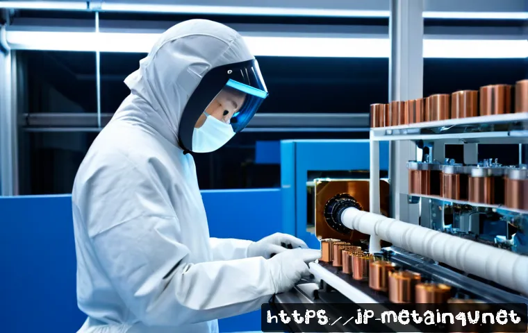 금속재료와 반도체 산업 연관성 - Photorealistic close-up of a semiconductor fabrication cleanroom, a Japanese engineer in full white ...